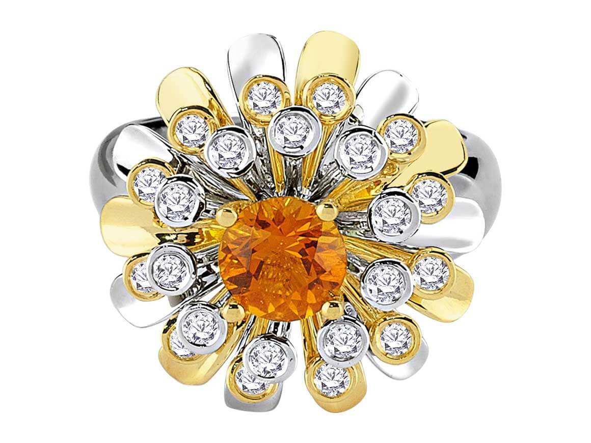 Eleganter Ring mit 22 rund geschliffenen Labor-Diamanten und 0,71 Karat rundem Sitrin