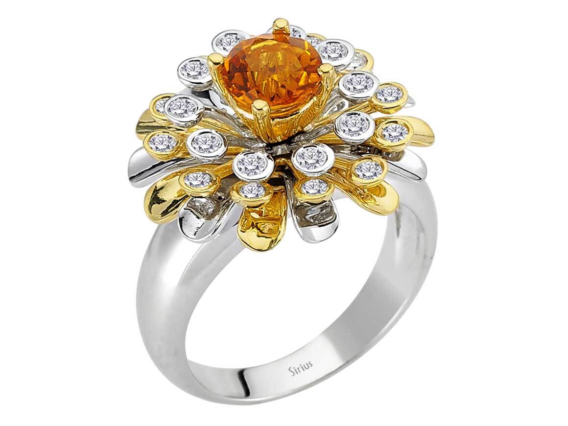 Eleganter Ring mit 22 rund geschliffenen Labor-Diamanten und 0,71 Karat rundem Sitrin