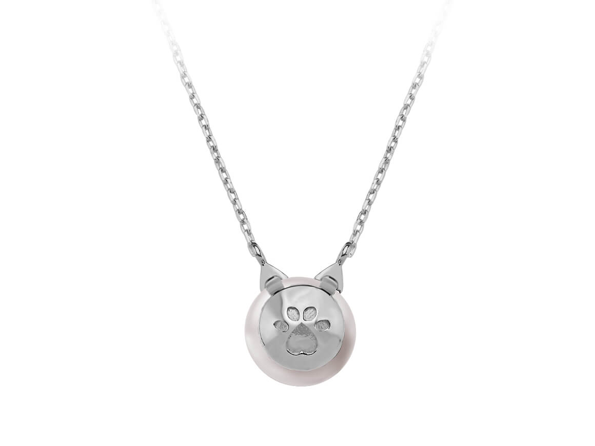 İncili ve siyah laboratuvar elmaslı kedi kolyesi | 8K Beyaz Altın - Rosy Lab Diamonds’tan yüksek kaliteli Mücevher