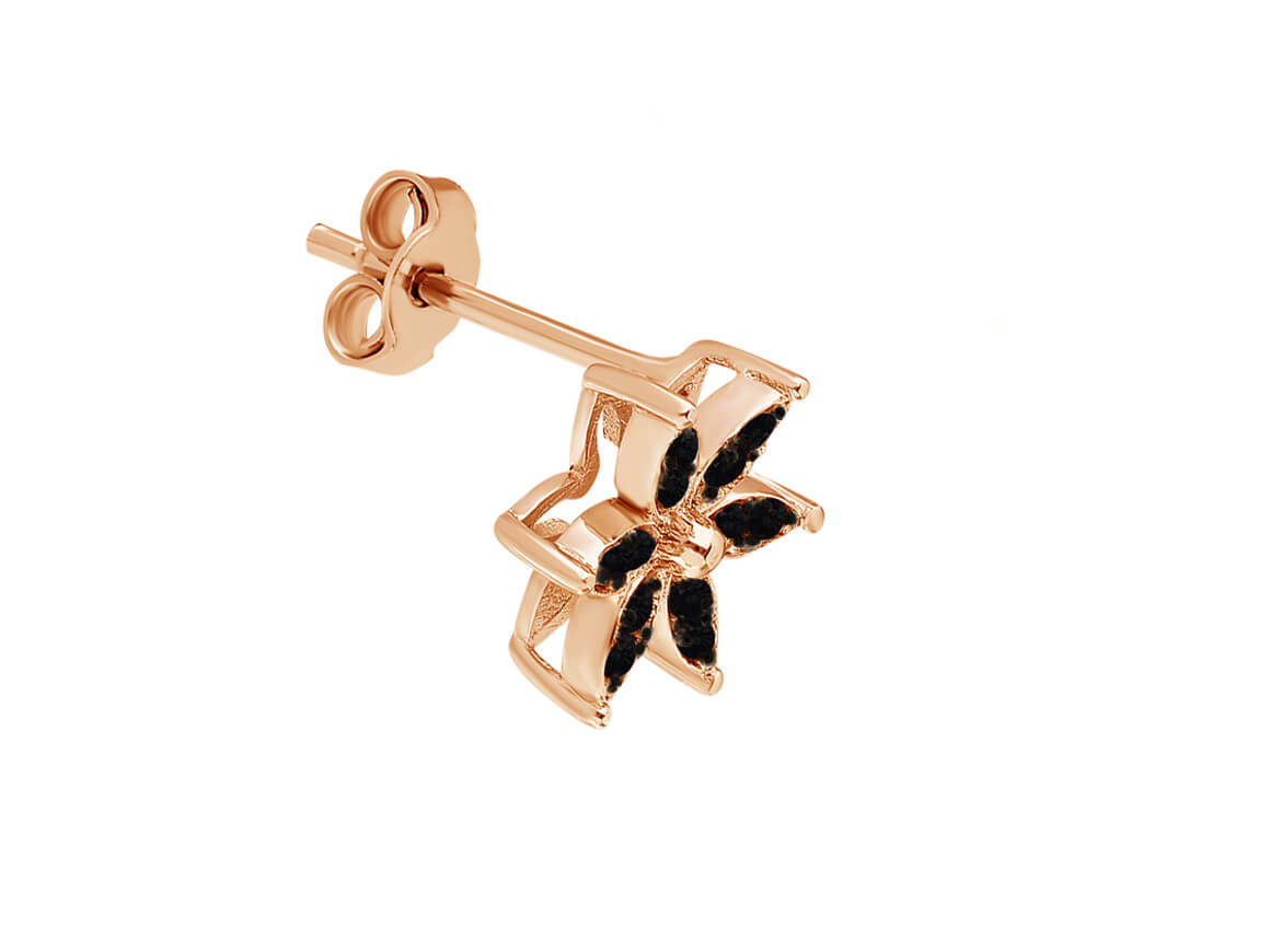 Clou d'oreille en forme de fleur avec 12 diamants de laboratoire noirs 0,07 carat en or rose 333