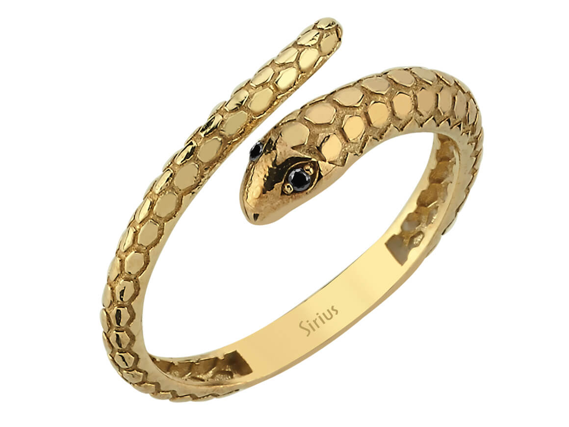Schlangenring mit Schwarzen Labordiamanten aus 8K Gelbgold - Symbolisch & Ausdrucksstark - hochwertiger Schmuck von Rosy Lab Diamonds