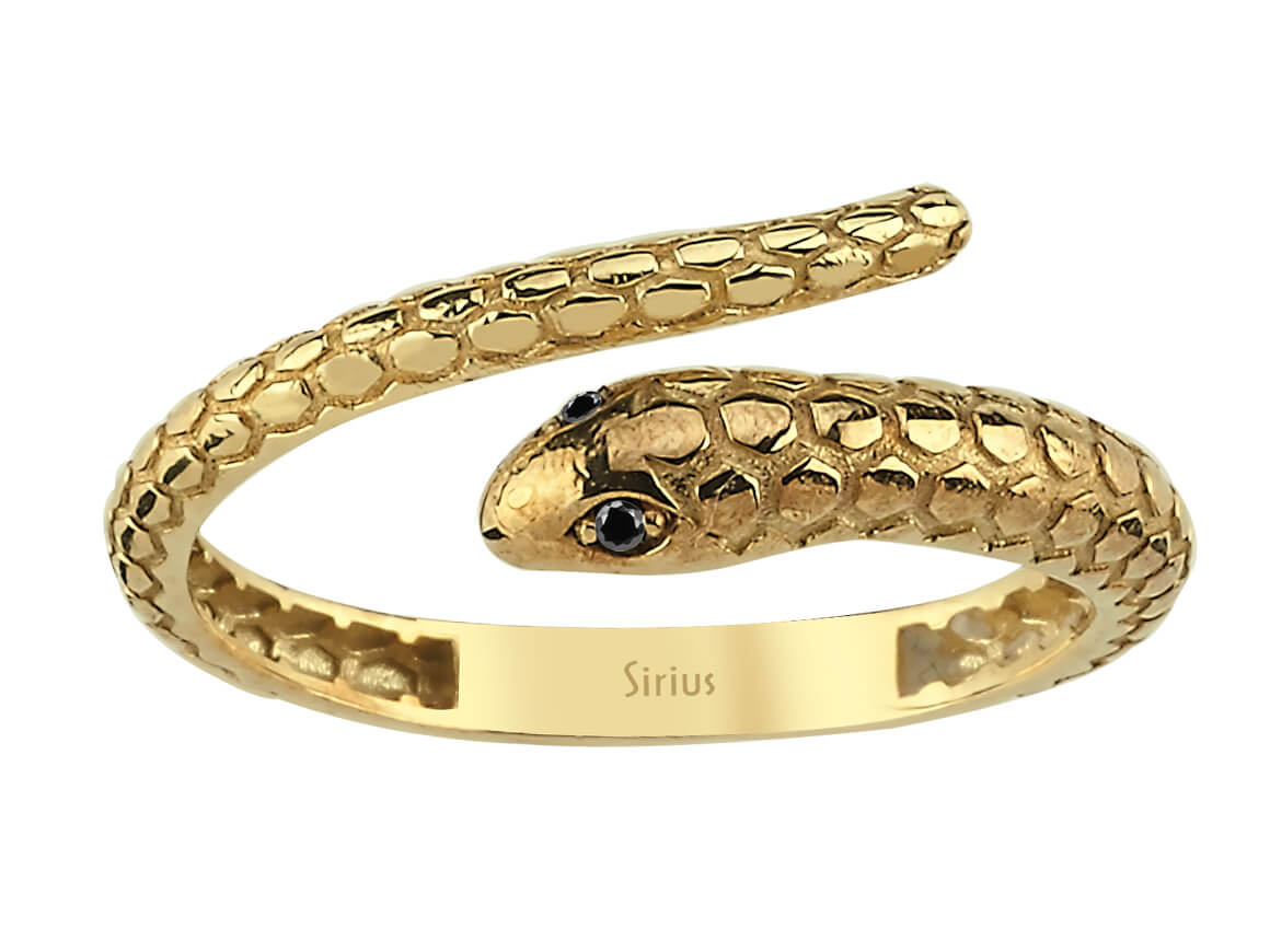 Schlangenring mit Schwarzen Labordiamanten aus 8K Gelbgold - Symbolisch & Ausdrucksstark - hochwertiger Schmuck von Rosy Lab Diamonds