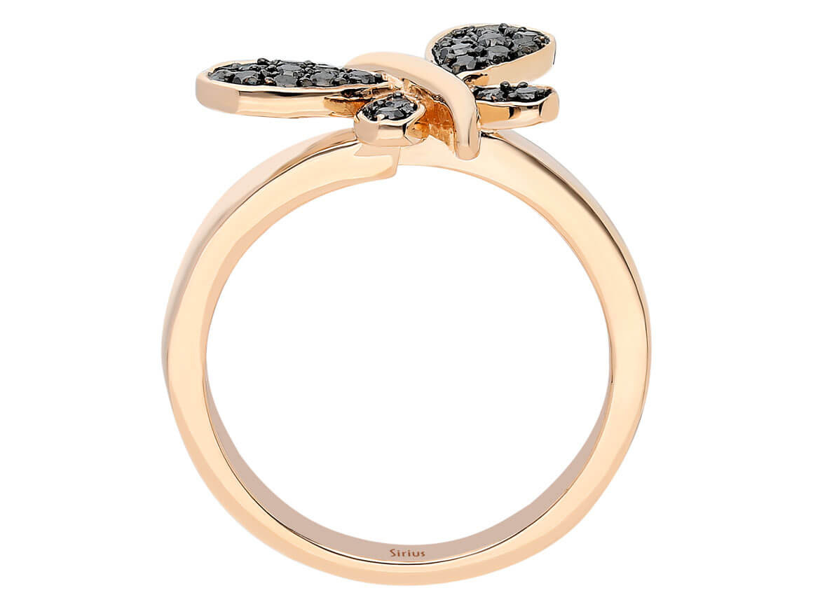 Dragonfly ring with black diamonds made of 8K rose gold