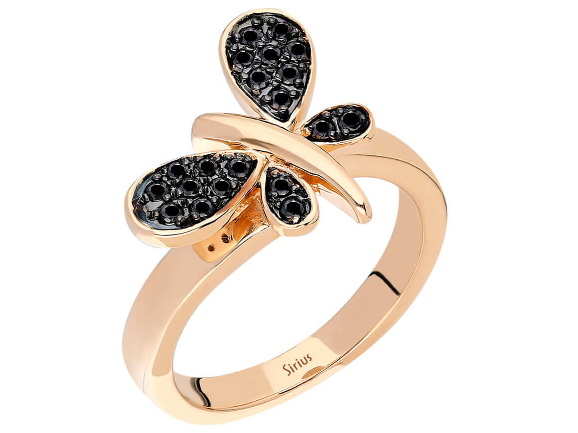 Dragonfly ring with black diamonds made of 8K rose gold