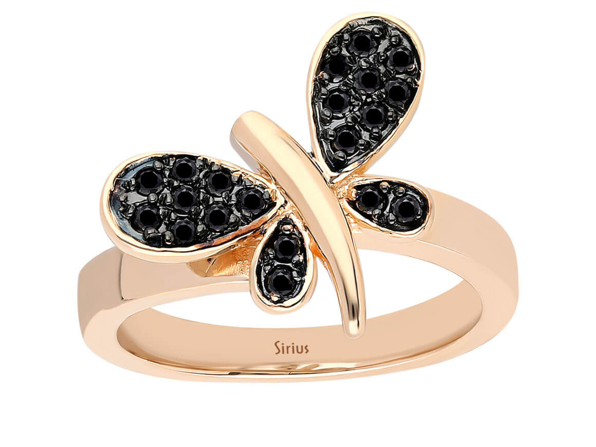 Dragonfly ring with black diamonds made of 8K rose gold