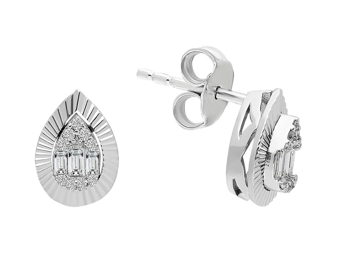 Boucles d'Oreilles Clous en Diamant taille baguette en forme de goutte en Or Blanc 585 - Bijoux haut de gamme de Rosy Lab Diamonds