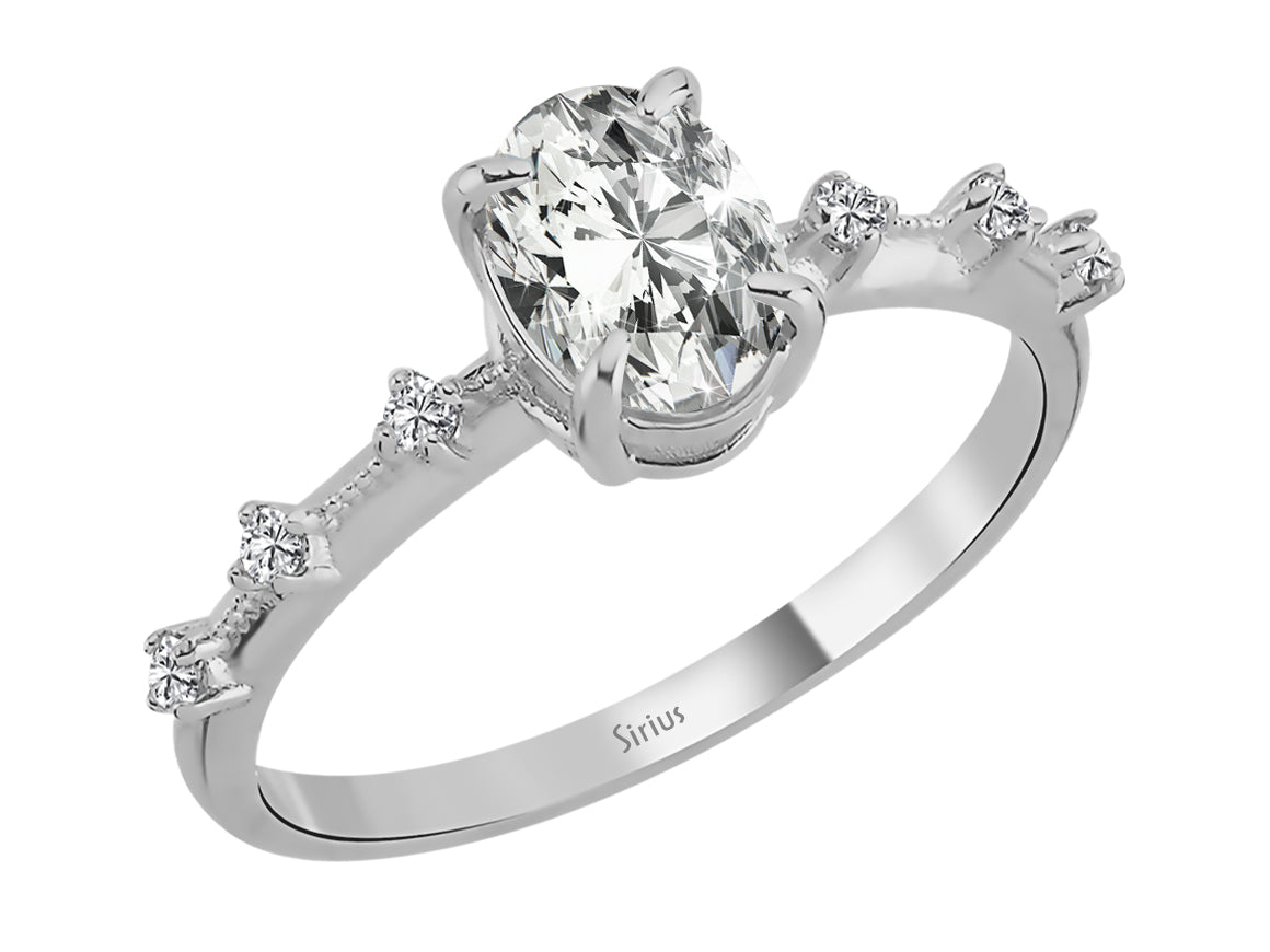 Bague solitaire ovale avec diamants de laboratoire en or blanc 14K