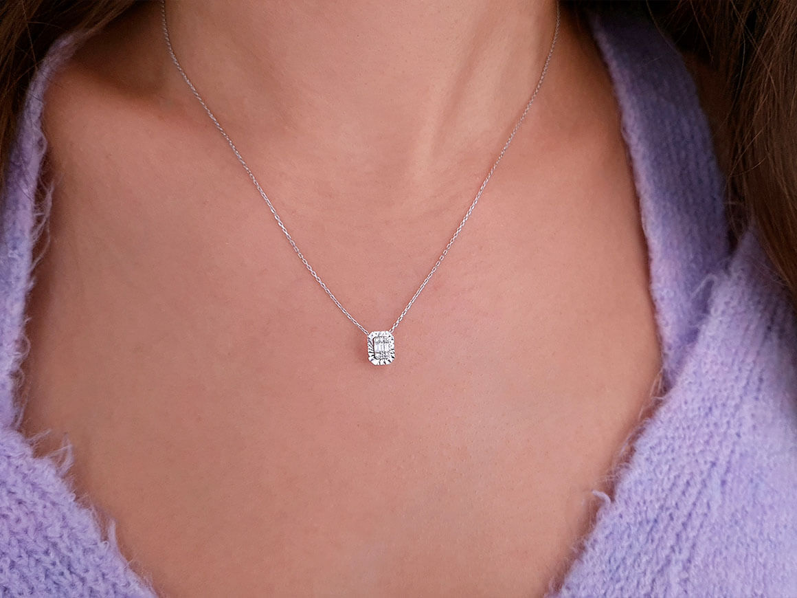 Triniti-Kette mit Baguette- und Runddiamanten in 8K Weißgold – 17P0055