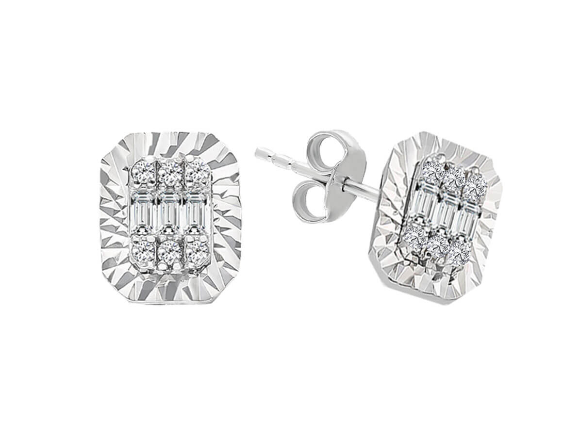 333 ayar Beyaz Altın laboratuvar üretimi baget ve yuvarlak elmaslı Pimli Küpe - Rosy Lab Diamonds’tan yüksek kaliteli Mücevher