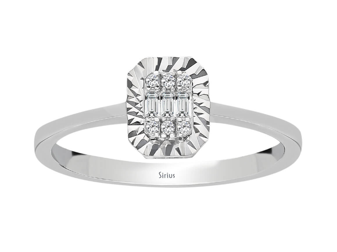 Bague en Or Blanc avec 3 diamants baguette et 6 diamants ronds – 0,05 carat – Bijoux haut de gamme de Rosy Lab Diamonds