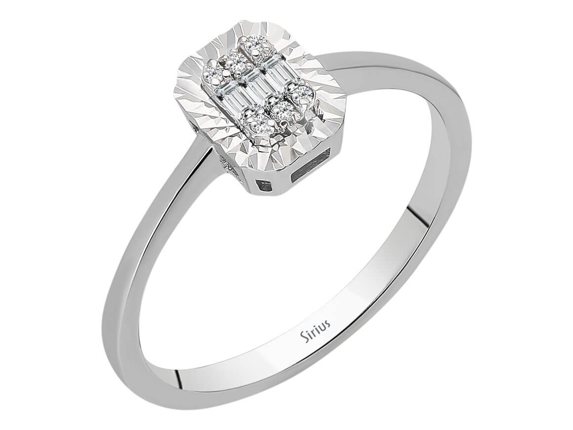 Bague en Or Blanc avec 3 diamants baguette et 6 diamants ronds – 0,05 carat – Bijoux haut de gamme de Rosy Lab Diamonds