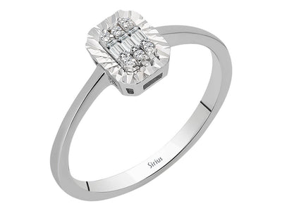 Weißgold Ring mit 3 Baguette- und 6 runden Diamanten – 0,05 Karat