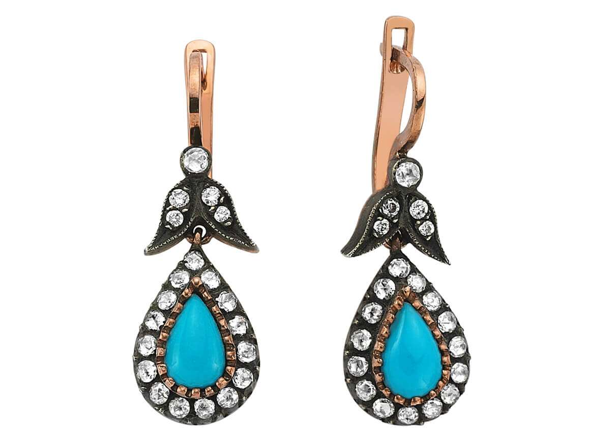 Antique drop earrings with turquoise, old-cut diamonds & brilliants in 333 rose gold