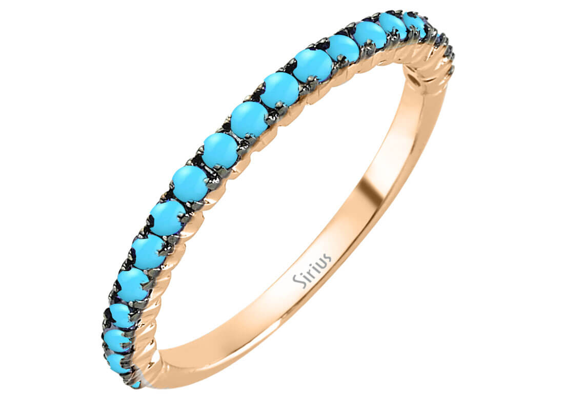 14 Karat Rose Gold Ring with 19 Round Turquoise Stones – Half Ring