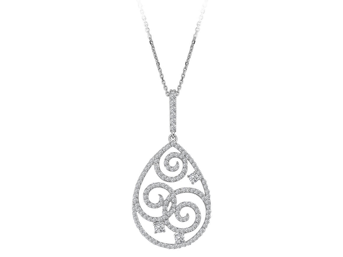 Pendentif goutte en or blanc 14 carats avec 140 diamants