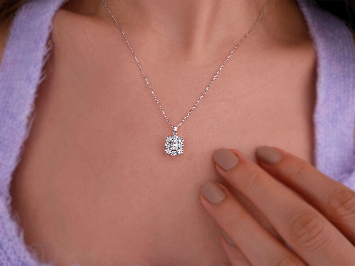 Collier étoile Vega avec diamants baguette et ronds - Or Blanc 14K - 23P0054 - Bijoux haut de gamme de Rosy Lab Diamonds