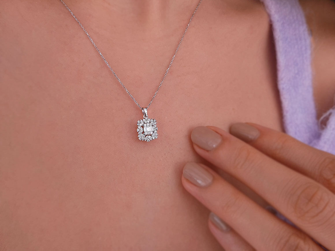 Collier étoile Vega avec diamants baguette et ronds - Or Blanc 14K - 23P0054 - Bijoux haut de gamme de Rosy Lab Diamonds