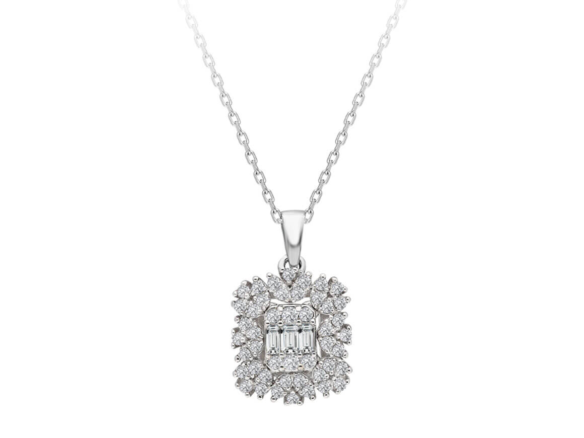 Collier étoile Vega avec diamants baguette et ronds - Or Blanc 14K - 23P0054 - Bijoux haut de gamme de Rosy Lab Diamonds