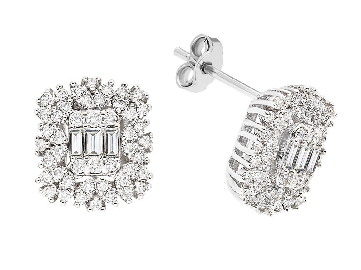 Boucles d'oreilles somptueuses avec 92 diamants ronds de laboratoire et 6 diamants baguette en or blanc 585