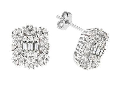 Boucles d'oreilles somptueuses avec 92 diamants ronds de laboratoire et 6 diamants baguette en or blanc 585