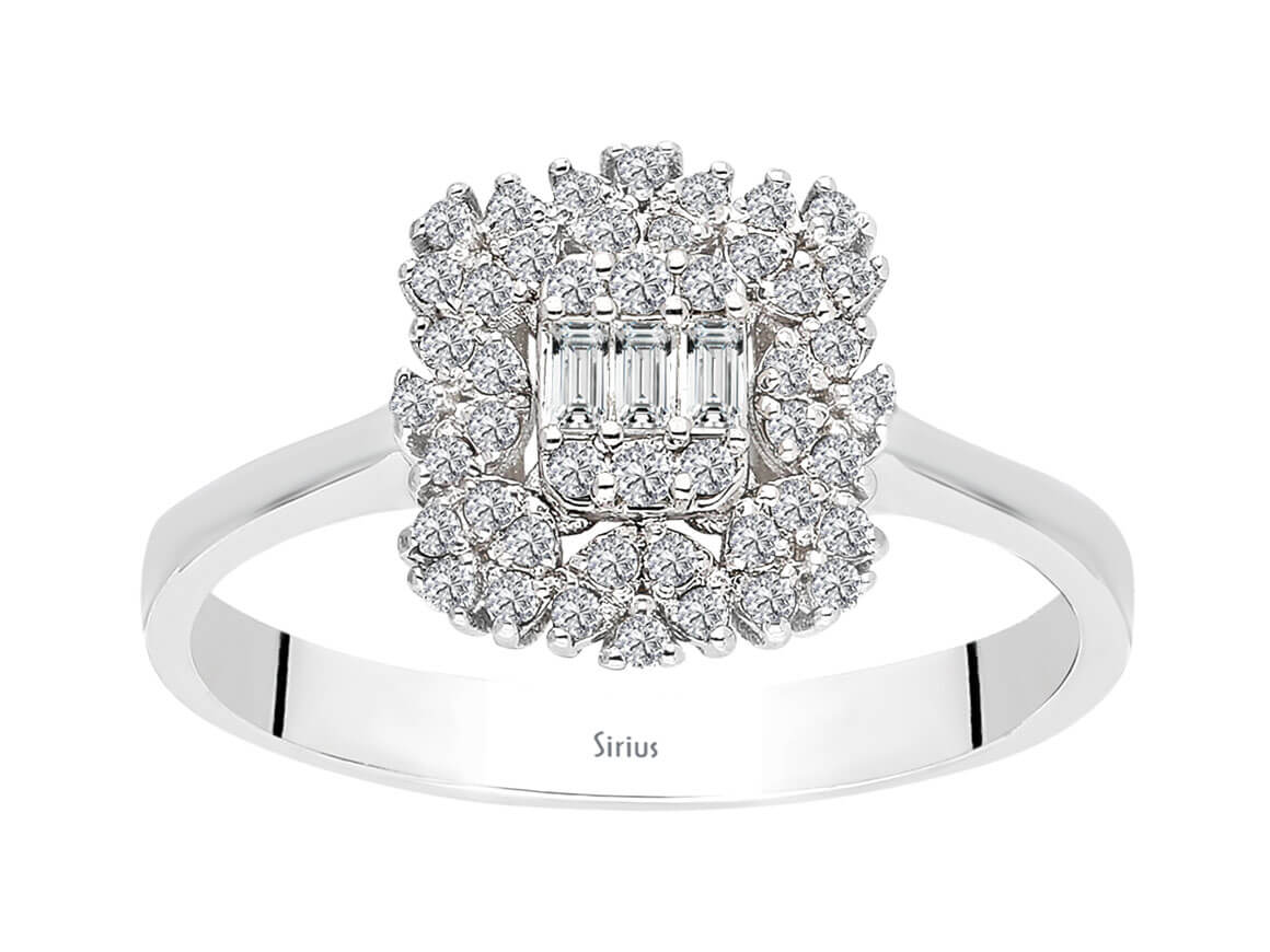 Eleganter Baguette- und Runddiamant-Ring "Vega Stern" aus 14 Karat Weißgold - hochwertiger Schmuck von Rosy Lab Diamonds