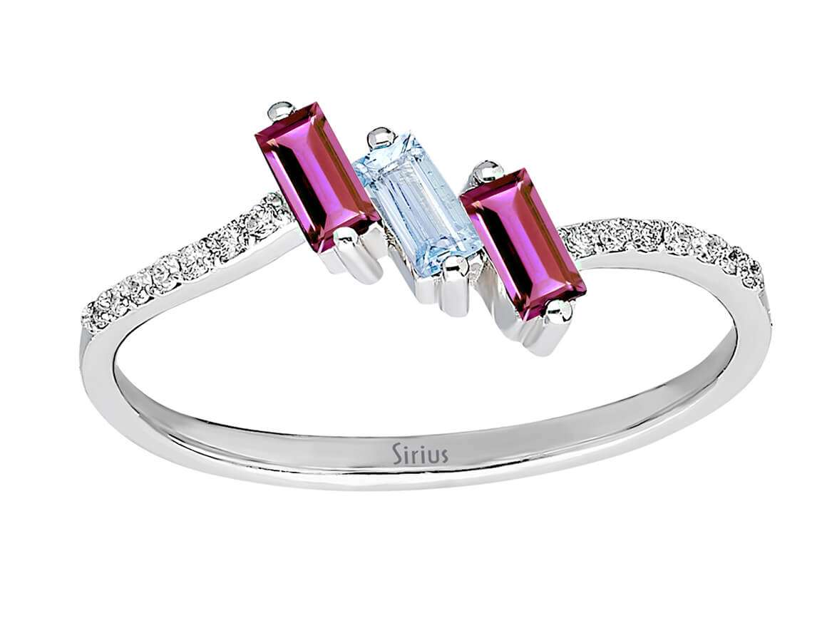 Rhodolith und Blautopas Ring mit Diamanten in 14K Weißgold | Violeta Design - hochwertiger Schmuck von Rosy Lab Diamonds