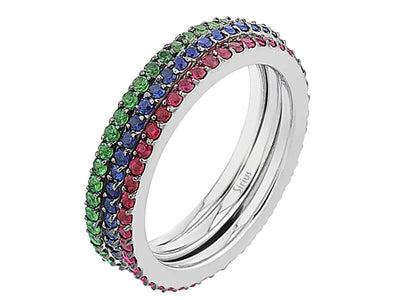 Dreireihiger Eternity-Ring mit Rubin-, Saphir- und Tsavorit-Steinen in 14 Karat Weißgold