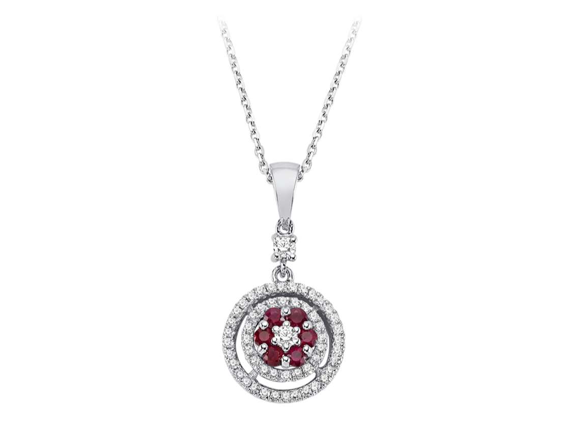 White Gold Pendant with Rubies & 54 Round Brilliant Cut Diamonds | 04P0135 - High-Quality Jewelry by Rosy Lab Diamonds