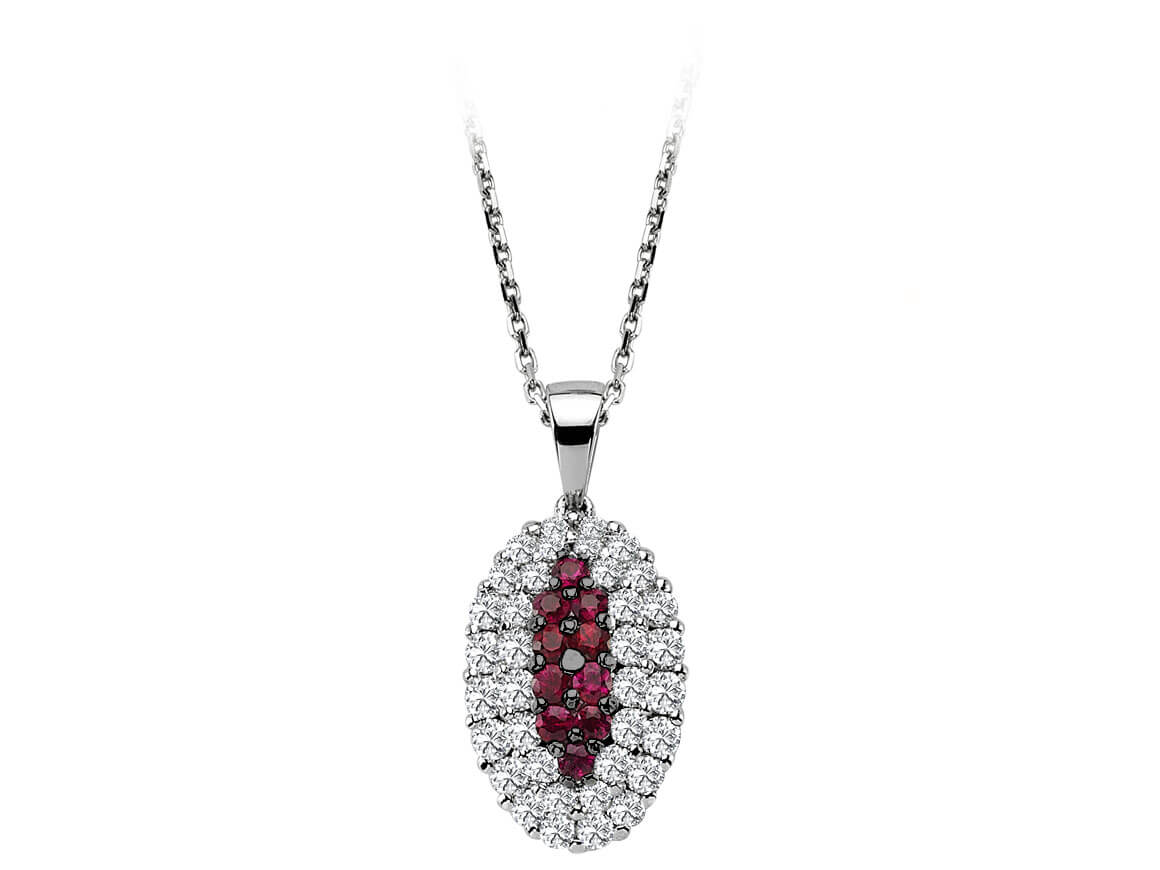 Pendentif ovale Anturage avec Rubis et 36 diamants de laboratoire | Or Blanc 14 K – Bijoux haut de gamme de Rosy Lab Diamonds