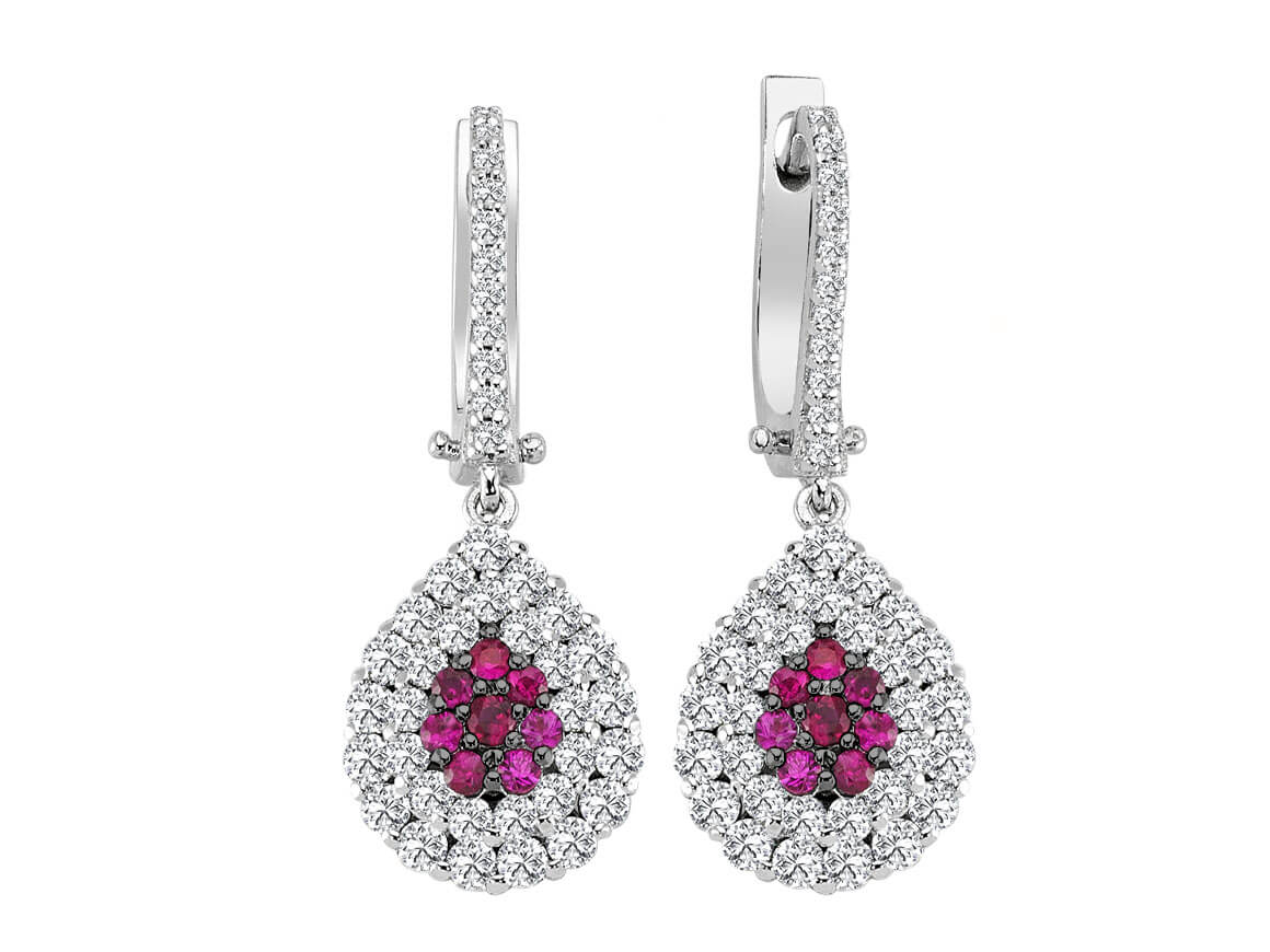 Boucles d'oreilles Anturaj luxueuses avec rubis et diamants de laboratoire en or blanc 750
