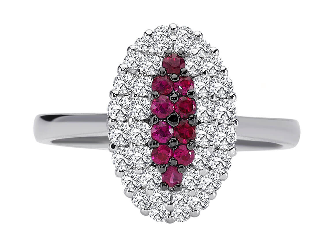 Weißgold-Ring mit Diamanten & Rubinen - 36 Diamanten 0,66 Karat, 10 Rubine 0,23 Karat - hochwertiger Schmuck von Rosy Lab Diamonds