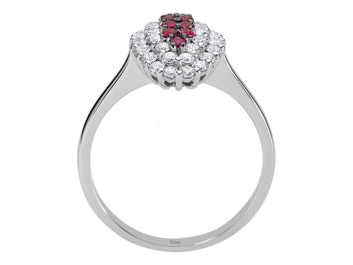 Weißgold-Ring mit 36 laborgezüchteten Diamanten (0,66 Karat) und 10 Rubinen (0,23 Karat)