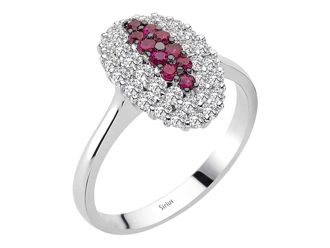Weißgold-Ring mit Diamanten & Rubinen - 36 Diamanten 0,66 Karat, 10 Rubine 0,23 Karat - hochwertiger Schmuck von Rosy Lab Diamonds