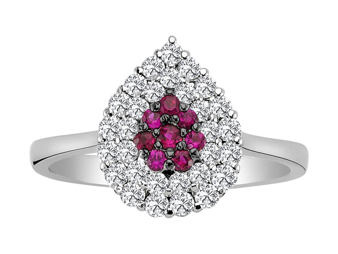 Weißgold-Ring mit Diamanten und Rubinen - 30 Diamanten 0,56 Karat, 8 Rubine 0,15 Karat - hochwertiger Schmuck von Rosy Lab Diamonds