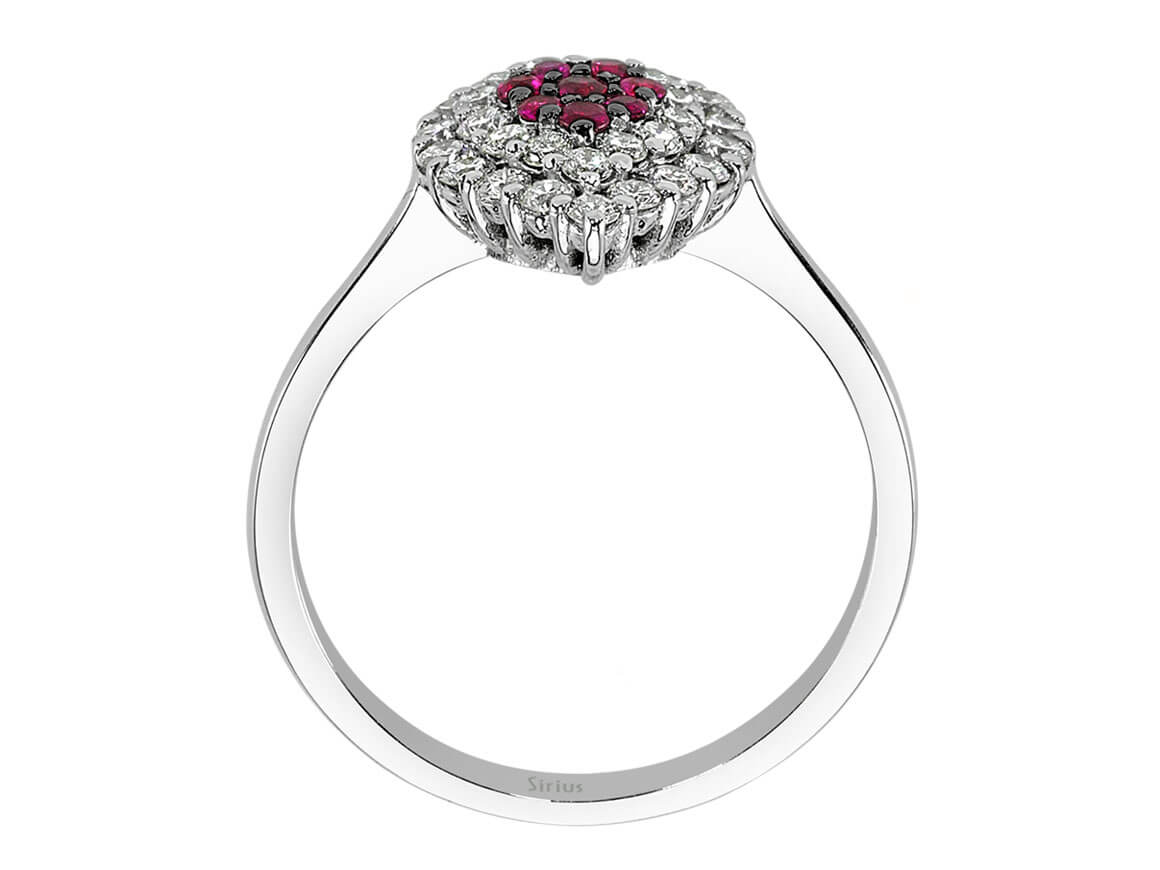 Weißgold-Ring mit Diamanten und Rubinen - 30 Diamanten 0,56 Karat, 8 Rubine 0,15 Karat - hochwertiger Schmuck von Rosy Lab Diamonds