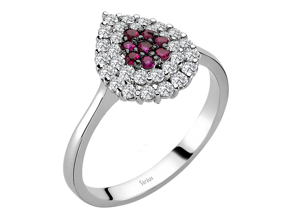 Weißgold-Ring mit 30 laborgezüchteten Diamanten (0,56 Karat) und 8 Rubinen (0,15 Karat)