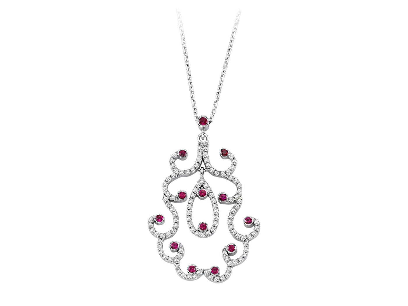Oriental pendant with 13 rubies & 110 lab diamonds – 14K white gold