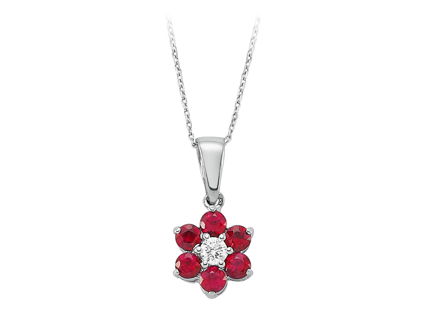 Flower pendant with rubies and diamond – 8K white gold