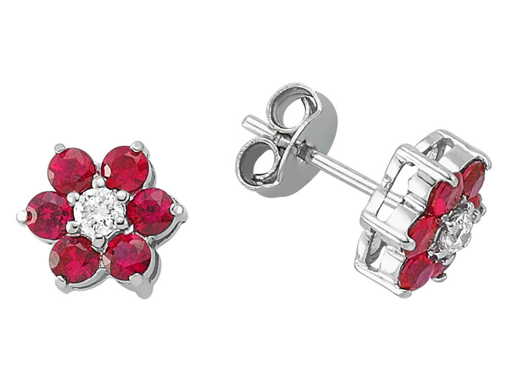 Flower-shaped stud earrings with rubies & diamonds in 333 white gold