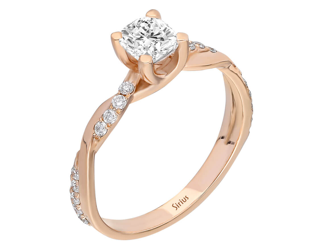 Rose gold ring with 1 cushion-cut diamond and 18 round-cut diamonds