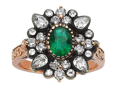 Roségold-Ring mit ovalem Smaragd, 12 Elmas & 12 Diamanten – Blütenform – 80R0012