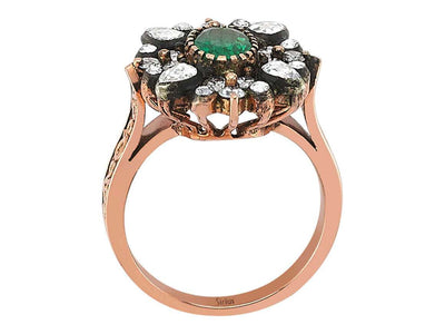 Roségold-Ring mit ovalem Smaragd, 12 Elmas & 12 Diamanten – Blütenform – 80R0012