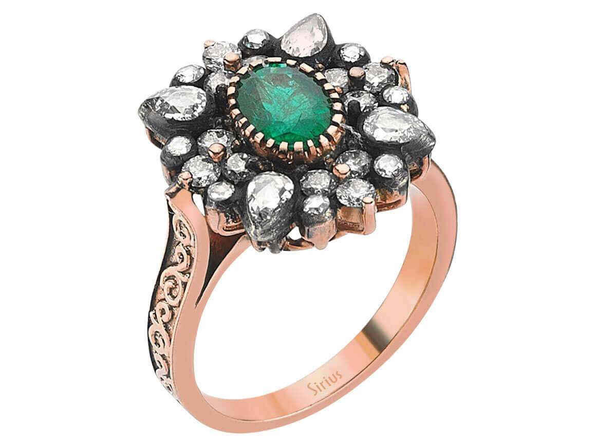 Roségold-Ring mit ovalem Smaragd, 12 Elmas & 12 Diamanten – Blütenform – 80R0012