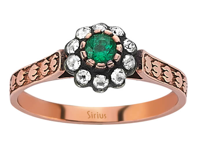 Antique Rose Gold Ring with Emerald & Diamonds - 8K, 0.33 ct - high-quality Jewelry by Rosy Lab Diamonds