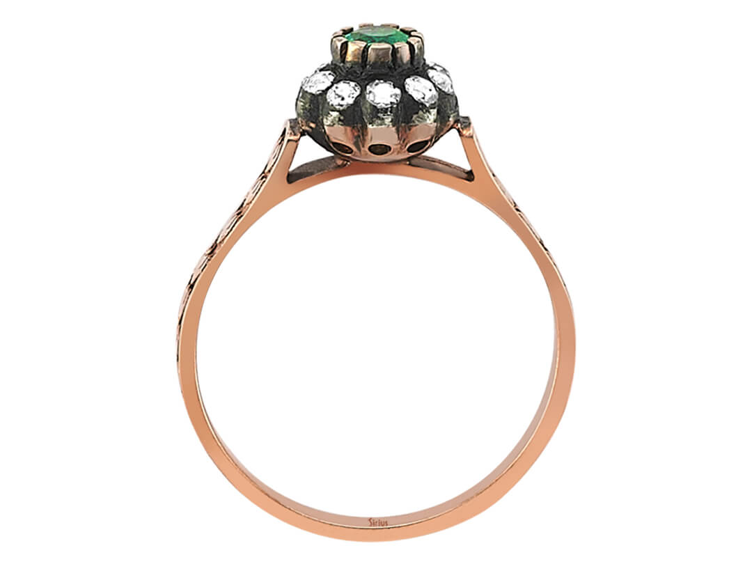 Antique Rose Gold Ring with Emerald & Diamonds - 8K, 0.33 ct - high-quality Jewelry by Rosy Lab Diamonds