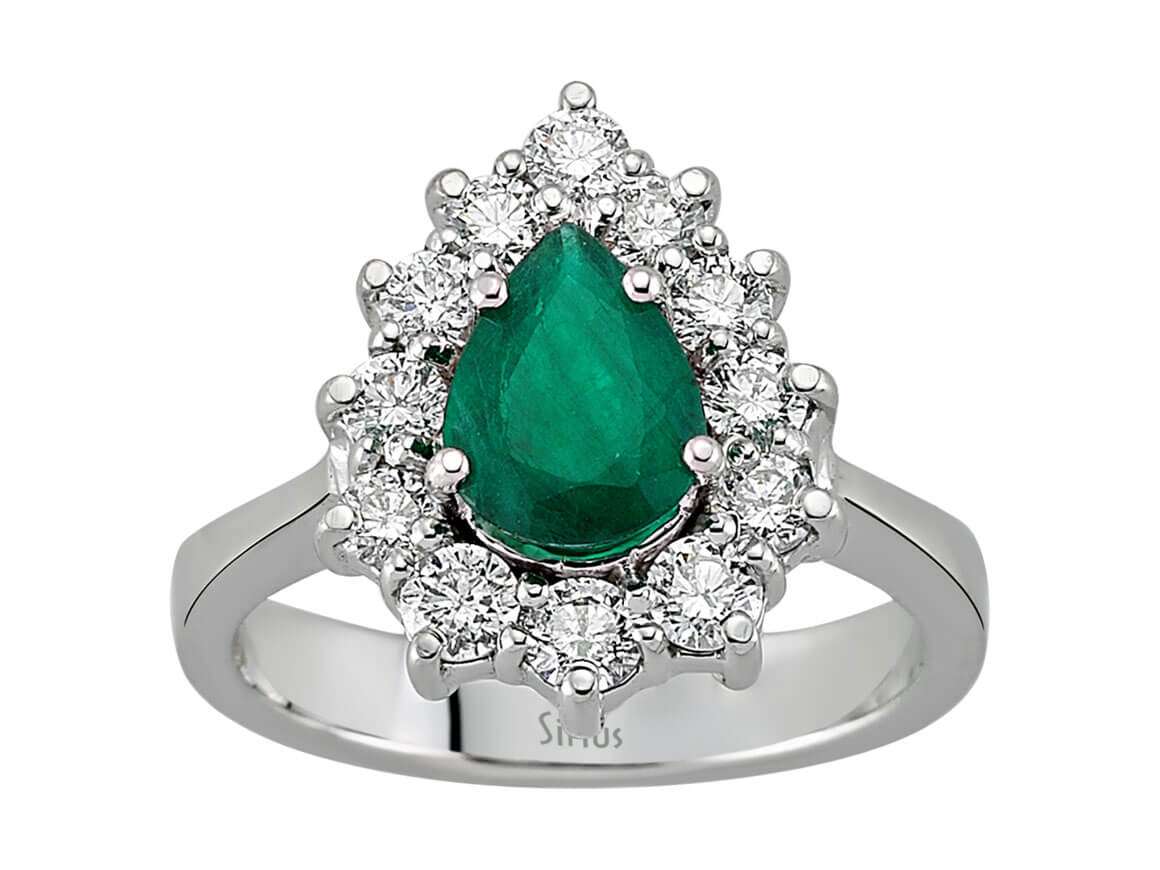 Eleganter Anturajring mit 12 Rundschliff-Diamanten und 1 Tropfen-Smaragd in 14 Karat Weißgold