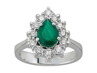 Eleganter Anturajring mit 12 Rundschliff-Diamanten und 1 Tropfen-Smaragd in 14 Karat Weißgold