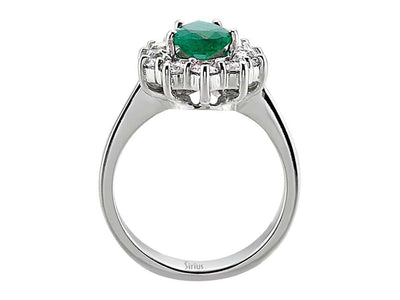 Eleganter Anturajring mit 12 Rundschliff-Diamanten und 1 Tropfen-Smaragd in 14 Karat Weißgold