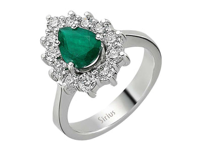 Eleganter Anturajring mit 12 Rundschliff-Diamanten und 1 Tropfen-Smaragd in 14 Karat Weißgold