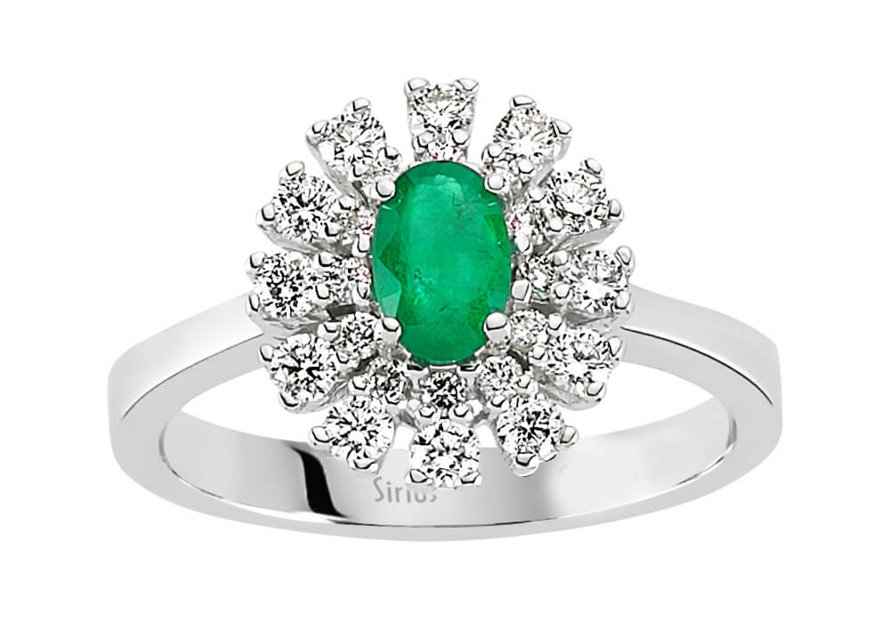 Eleganter Anturajring mit 24 Rundschliff-Diamanten und 1 Ovalem Smaragd in 14 Karat Weißgold